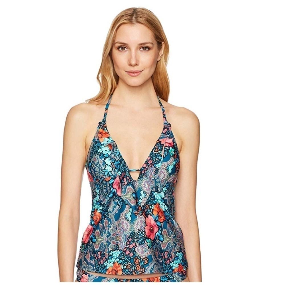 NWT LAUNDRY By Shellie Segal Paisley Floral Ruffle Plunge Tankini Top Size Small